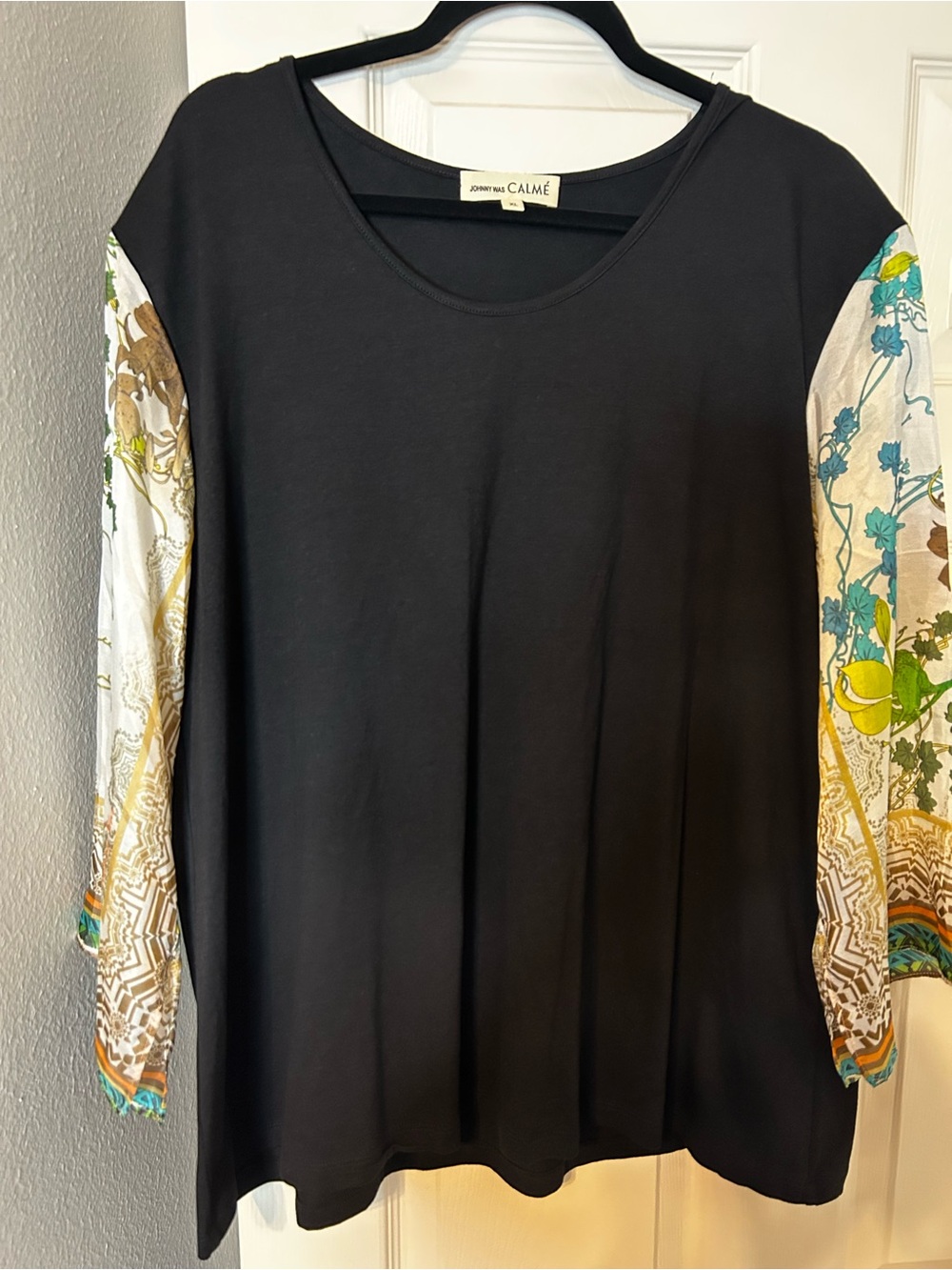 Johnny Was Black Long-Sleeve Tee with Multicolor silk scarf sleeves